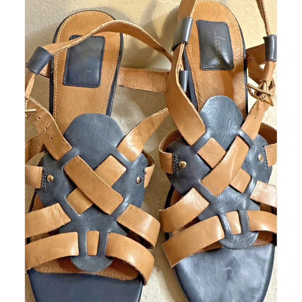 Clarks Blue Brown Leather Adjustable Ankle Strap High Wedge Heel Sandals Sz‎ 7.5